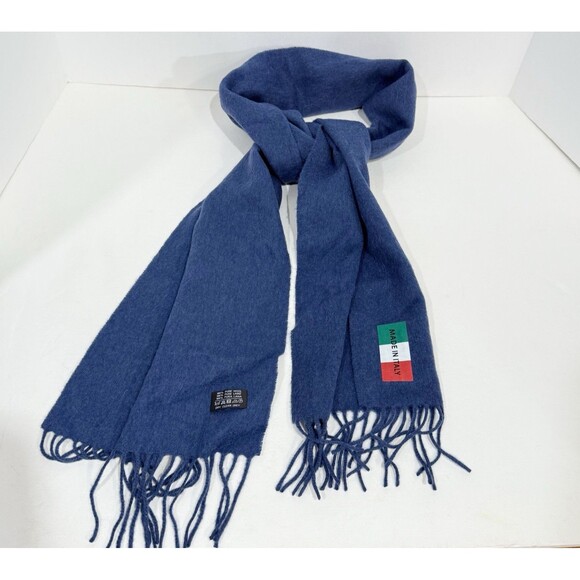 100% Wool Fringe Trim Unisex Scarf Made in Italy Navy - Picture 1 of 12
